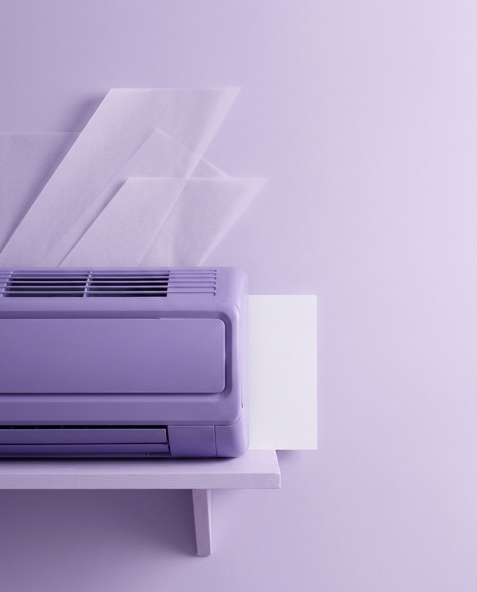 Imagen generada: un equipo de aire acondicionado pintado de lavanda sobre un estante, con hojas de papel translúcido detrás.